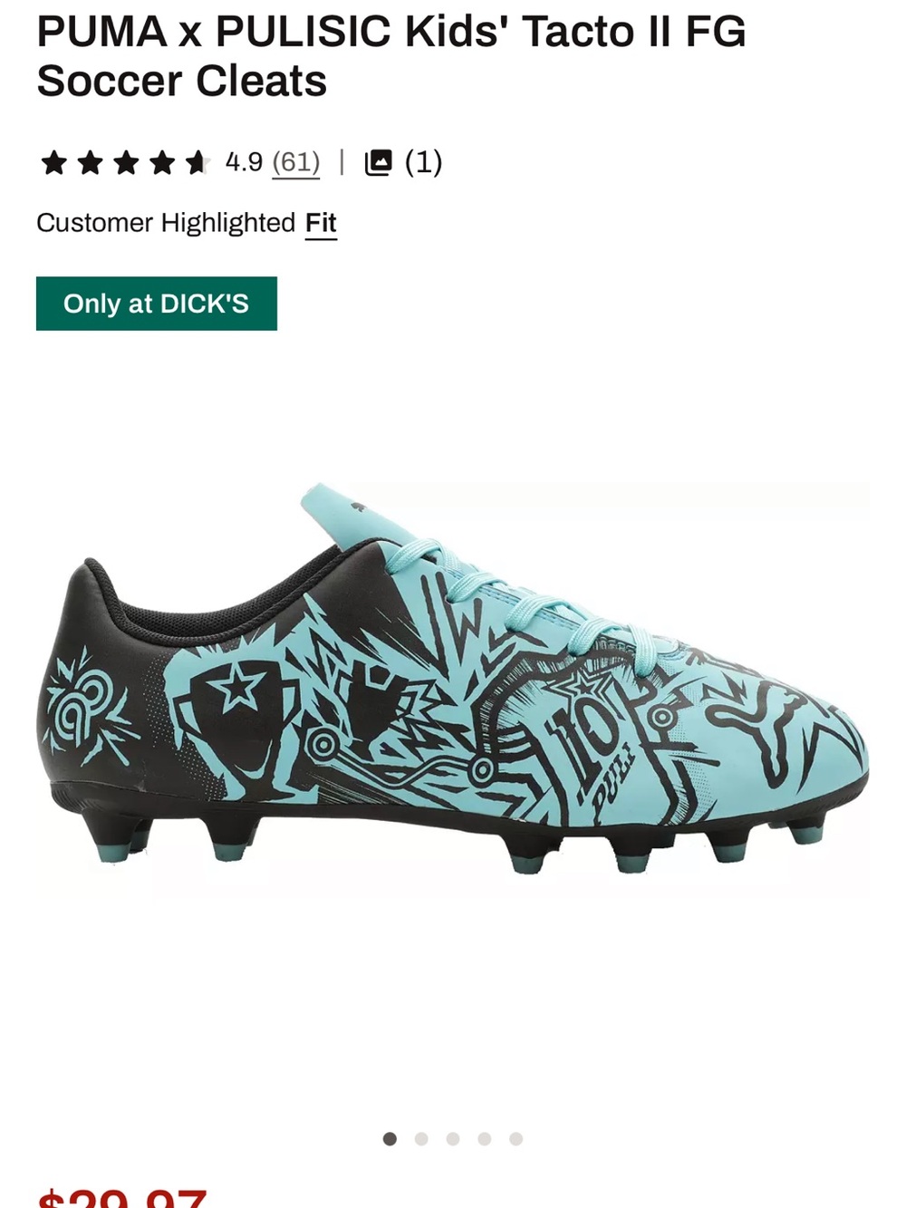 PUMA x PULISIC Kids' Tacto II FG Soccer Cleats size 1 kids